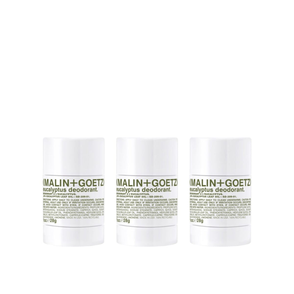 Three white cylindrical deodorant sticks with green and black text on a plain white background. The visible brand text reads 'IMALIN+GOETZ'.