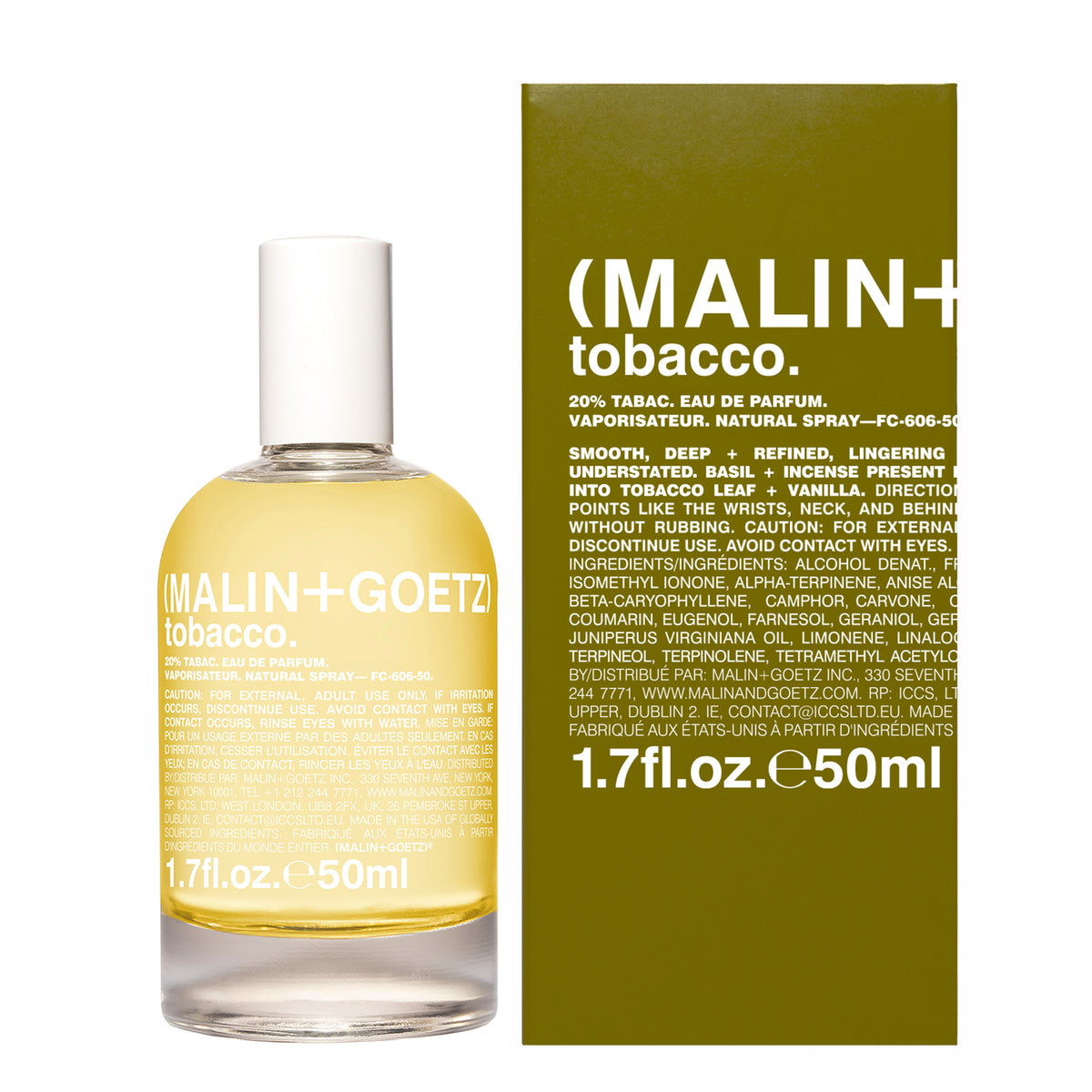 A bottle of Malin + Goetz Tobacco Eau de Parfum next to its olive green outer box, featuring the brand name 'MALIN + TOBACCO' in white text on the packaging.